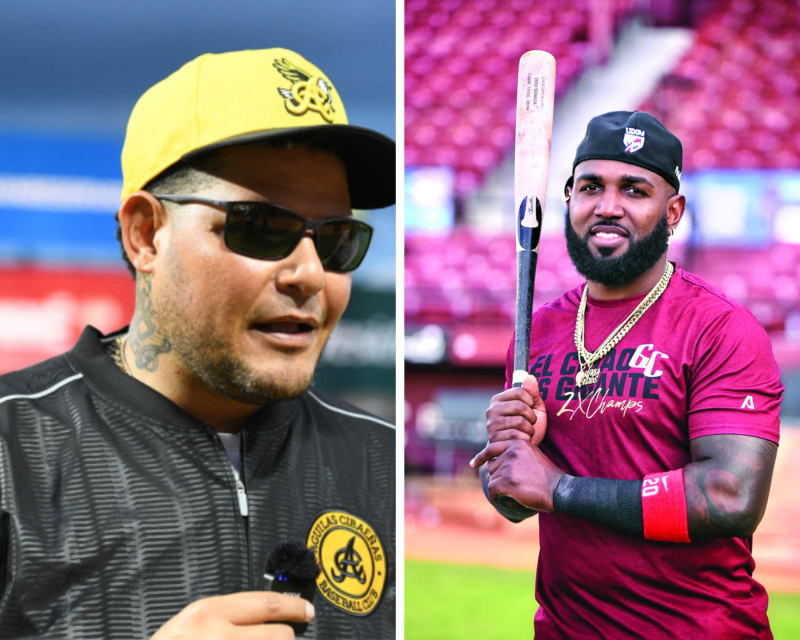 Yadier Molina, mánager de las Águilas Cibaeñas y Marcell Ozuna, jardinero de los Leones del Escogido