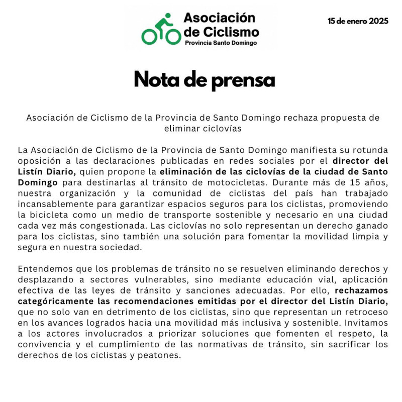 Comunicado en rechazo a convertir las ciclovías existentes en motovías exclusivas para motocicletas.