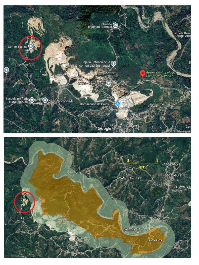 La primera imagen muestra el lugar donde Docalsa e Industrias GAT realizan actualmente sus excavaciones, en Naranjo Dulce. La segunda imagen muestra el área de la Reserva Antropológica Cuevas de Borbón o del Pomier con su zona de amortiguamiento presentada en el estudio de Goerge Veni.