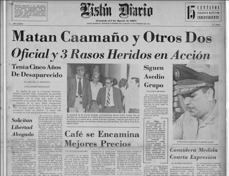 Portada del sábado 17 de febrero de 1973 de Listín Diario, donde se informa la muerte del coronel Caamaño