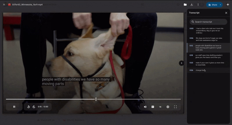 Función de transcripción de vídeos en Google Drive.