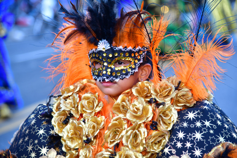 Una niña exhibe un vistoso disfraz en el Desfile del Carnaval.