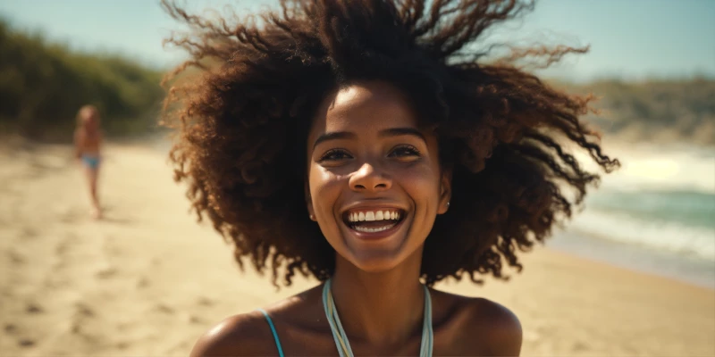 La imagen creada con inteligencia artificial muestra a una mujer en la playa feliz