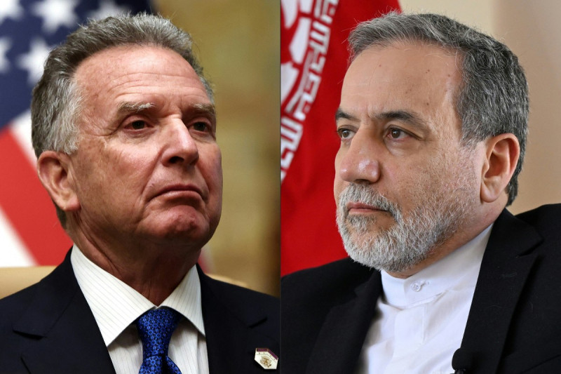 Esta combinación de imágenes, creada el 9 de abril de 2025, muestra al enviado estadounidense para Oriente Medio, Steve Witkoff, tras una reunión con funcionarios rusos en el Palacio Diriyah, en Riad, Arabia Saudita, el 18 de febrero de 2025 (izq.); y al ministro de Asuntos Exteriores iraní, Abbas Araghchi, hablando con AFP durante una entrevista en el consulado iraní en Yeda el 7 de marzo de 2025.