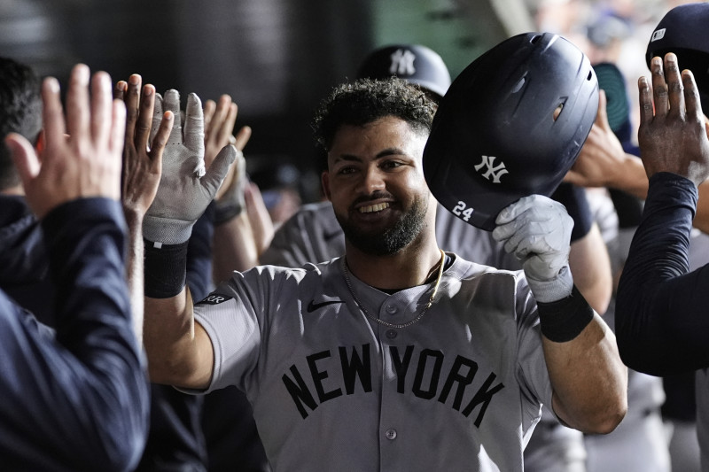 El dominicano Jasson Domínguez, de los Yankees de Nueva York, festeja en la cueva luego de batear un grand slam ante los Atléticos, el viernes 9 de mayo de 2025 (AP Foto/Godofredo A. Vásquez)