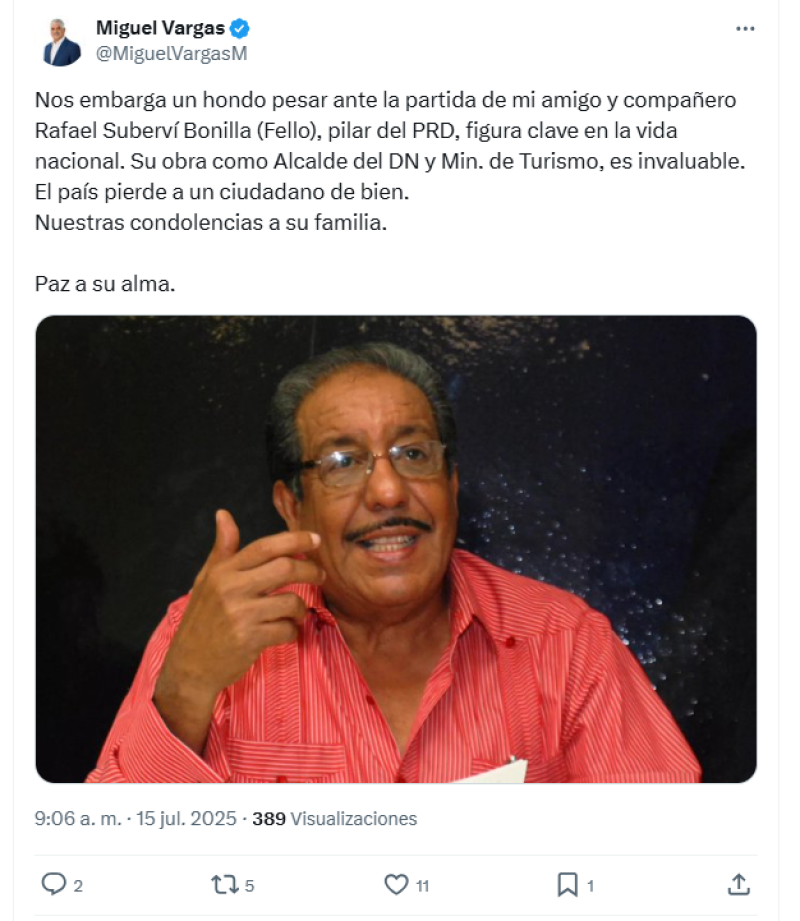Tuit del presidente del Partido Revolucionario Dominicano (PRD), Miguel Vargas