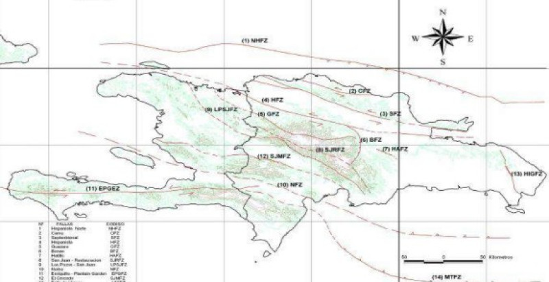 Mapa de isla la Hispaniola y fallas geológicas que la atraviesan. Estas fallas son amenaza de terremotos.