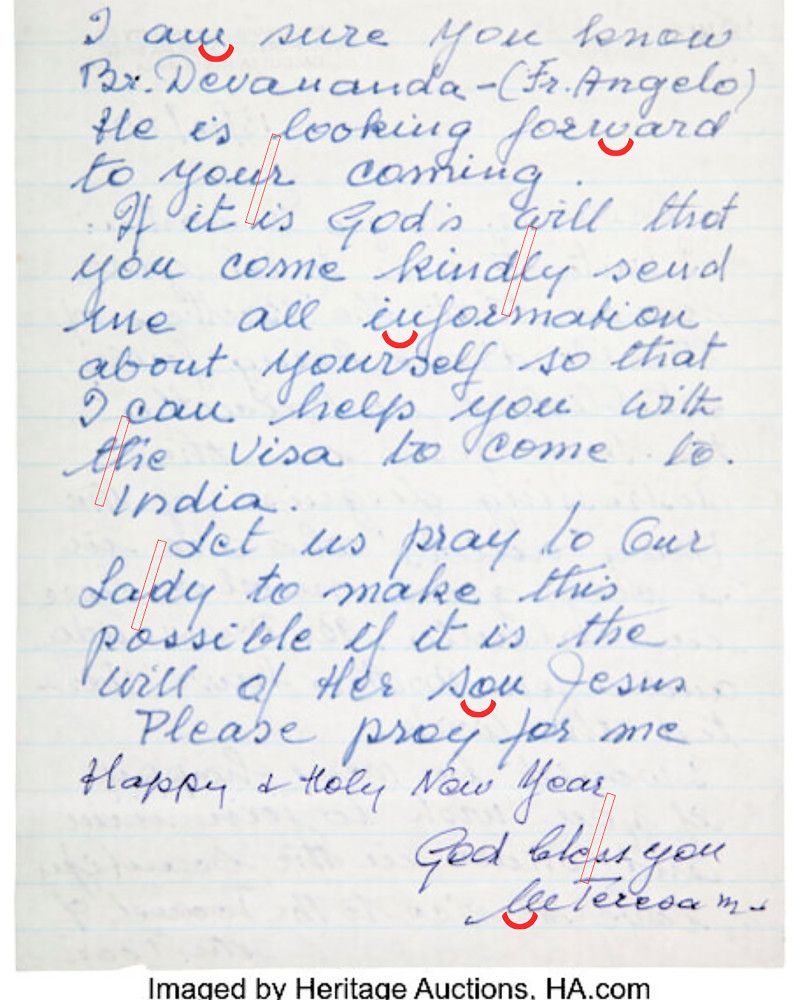 Teresa de Calcuta: La letra de esta religiosa desvela su generosidad espiritual. Fuente de la imagen:  Autograph letter signed [Internet]. Dallas (TX): Heritage Auctions; [cited yyyy mmm dd]. Available from: https://historical.ha.com/itm/autographs/celebrities/mother-teresa-autograph-letter-signed/a/6116-49214.s