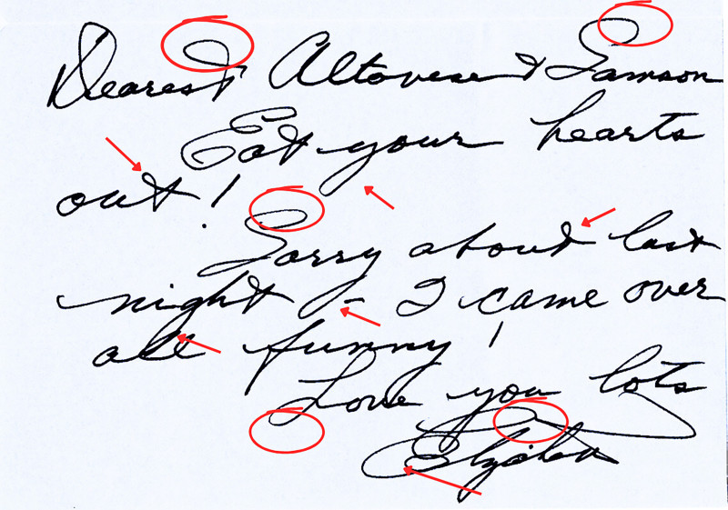 Elizabeth Taylor: la letra de esta actriz es reveladora de una sexualidad narcisista. Fuente de la imagen: Handwritten & Signed Note to Sam [Internet]. Gotta Have Rock and Roll. Available from: https://gottahaverockandroll.com/Elizabeth_Taylor_Handwritten___Signed_Noted_to_Sam-LOT27646.aspx