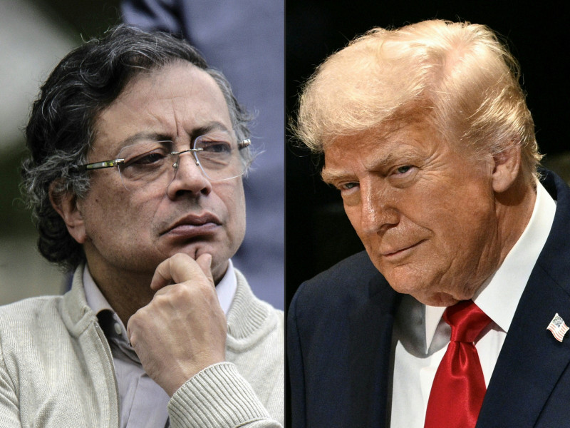 Esta combinación de imágenes, creada el 29 de septiembre de 2025, muestra al presidente de Colombia, Gustavo Petro, haciendo gestos durante la promulgación de la nueva ley laboral en el museo Quinta de Bolívar de Bogotá el 25 de junio de 2025, y al presidente de Estados Unidos, Donald Trump, pronunciando un discurso ante la Asamblea General de las Naciones Unidas en la sede de la ONU en Nueva York el 23 de septiembre de 2025.