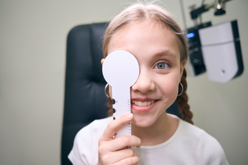 Paciente joven en la clínica en una prueba de diagnóstico oftalmológico, una niña con ropa informal