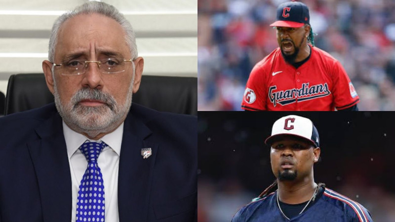 Vitelio Mejía, presidente de Lidom y los lanzadores Emmanuel Clase y Luis Ortiz.