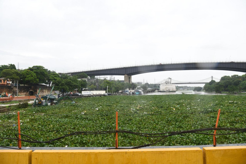 Acumulación de lilias y basura en el puente Flotante que comunica al Distrito Nacional con Santo Domingo Este, por los estragos de la tormenta Melissa