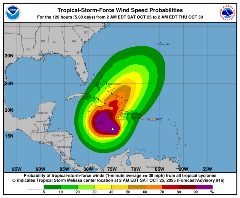 Imagen de posible trayectoria de la tormenta Melissa