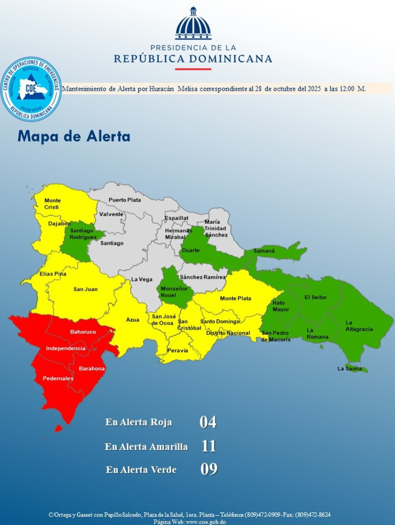 El COE mantiene 04 provincias en alerta roja, 10 y al Distrito Nacional en amarillo y 09 en verde