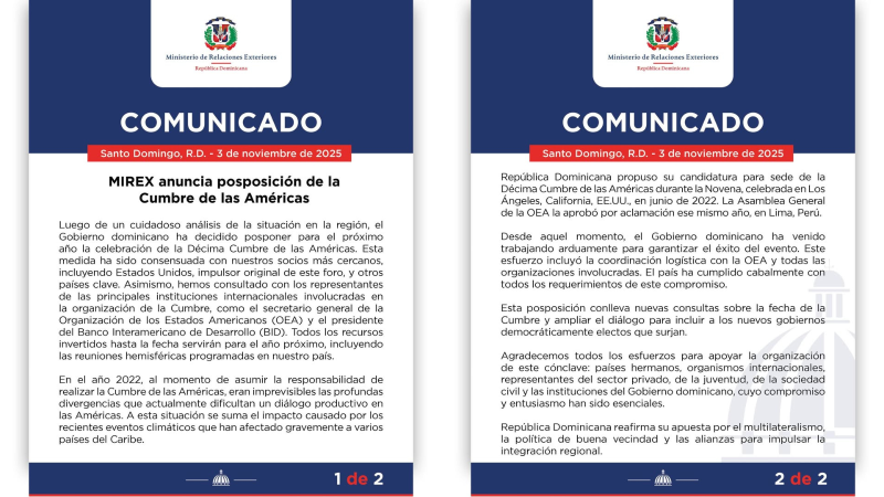 Ministerio de Relaciones Exteriores comunica la suspención de la Cumbre de las Américas.