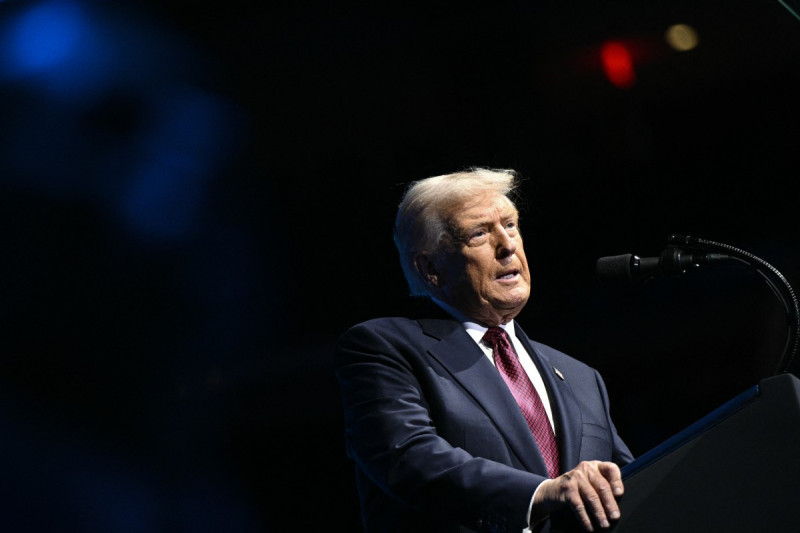 US President Donald Trump speaks at the American Business Forum at the Kaseya Center in Miami on November 5, 2025. (Photo by Brendan SMIALOWSKI / AFP)