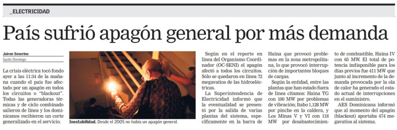 Noticia publicada en Listín Diario sobre el apagón del 15 de julio de 2009