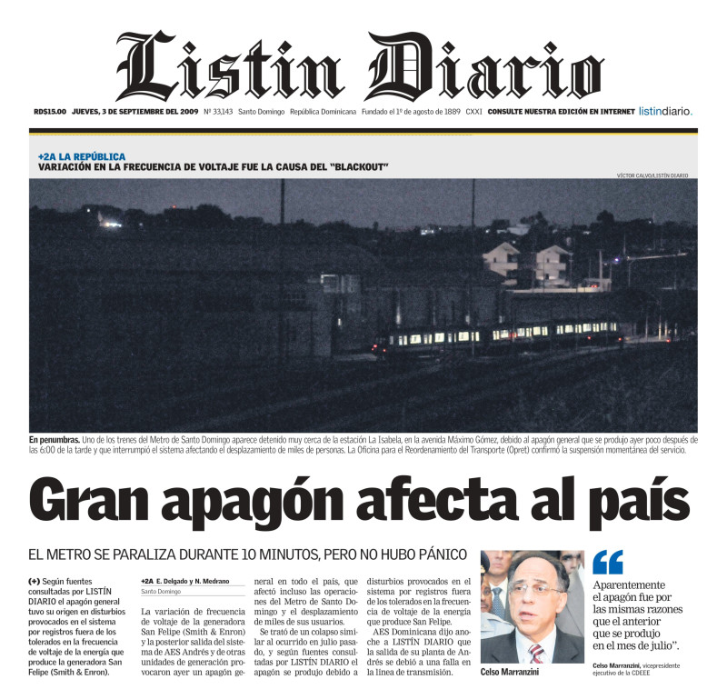 Noticia publicada en la portada de Listín Diario del 3 de septiembre de 2009.