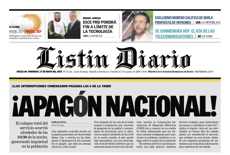 Noticia publicada en la portada de Listín Diario del 17 de mayo de 2015.