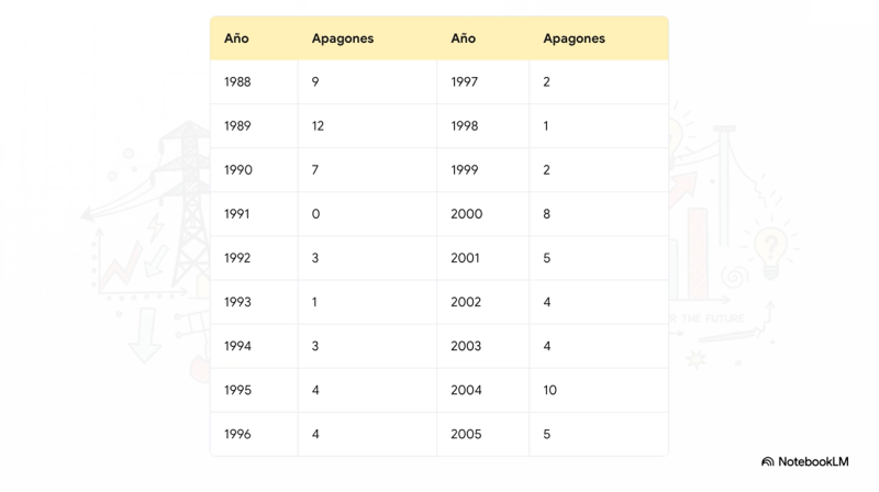 Tabla de blackouts en República Dominicana (1988-2025)