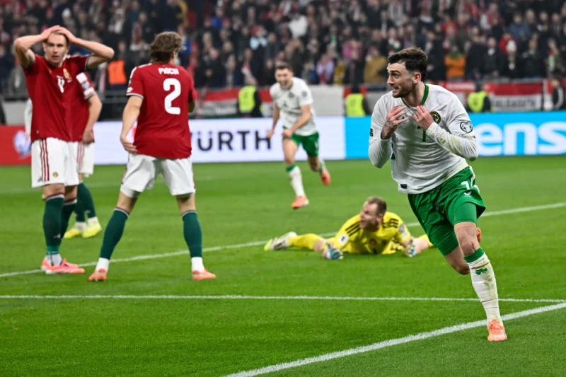 Troy Parrott, de Irlanda, celebra después de anotar el tercer gol de su equipo durante el juego del grupo F de clasificación para la Copa del Mundo frente a Hungría.