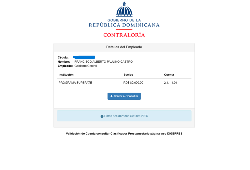 Dato de la Contraloría General de la República que mantienen a Francisco Alberto Paulino Castro como empleado activo de Supérate.