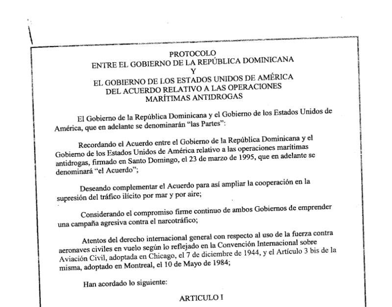 Protocolo entre gobierno de Estados Unidos y República Dominicana para la lucha marítima y aérea firmado en 2003