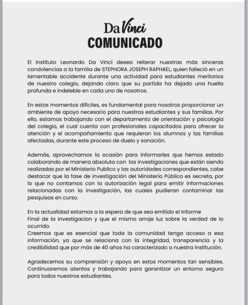 Colegio da vinci emite comunicado por caso Stephora Joseph.