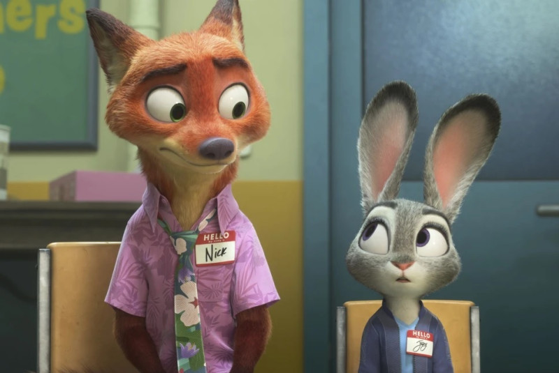 Esta imagen publicada por Disney muestra a Nick Wilde, con la voz de Jason Bateman, a la izquierda, y Judy Hopps, con la voz de Ginnifer Goodwin, en una escena de “Zootopia 2".