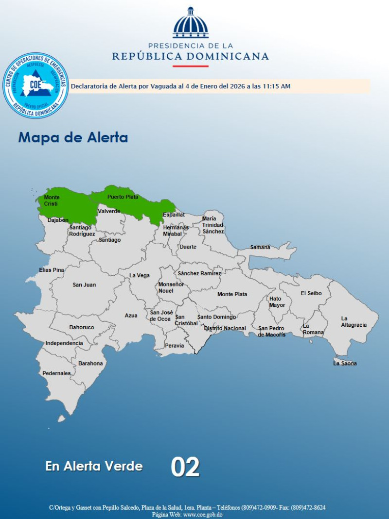 El Centro de Operaciones de Emergencias (COE) colocó en alerta verde a Montecristi y Puerto Plata, por la incidencia de una vaguada.