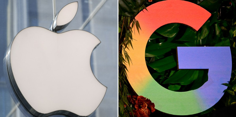 Esta combinación de imágenes, creada el 12 de enero de 2026, muestra, de izq. a der., una imagen tomada en el centro de Milán el 30 de mayo de 2019, que muestra el logotipo de la multinacional estadounidense Apple y el logotipo de Google