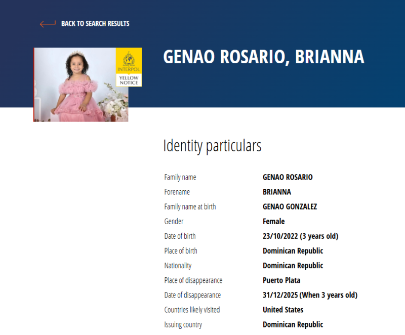 Alerta amarilla emitada por la Interpol por la desaparición de la niña Brianna Genao de tres años en República Dominicana.