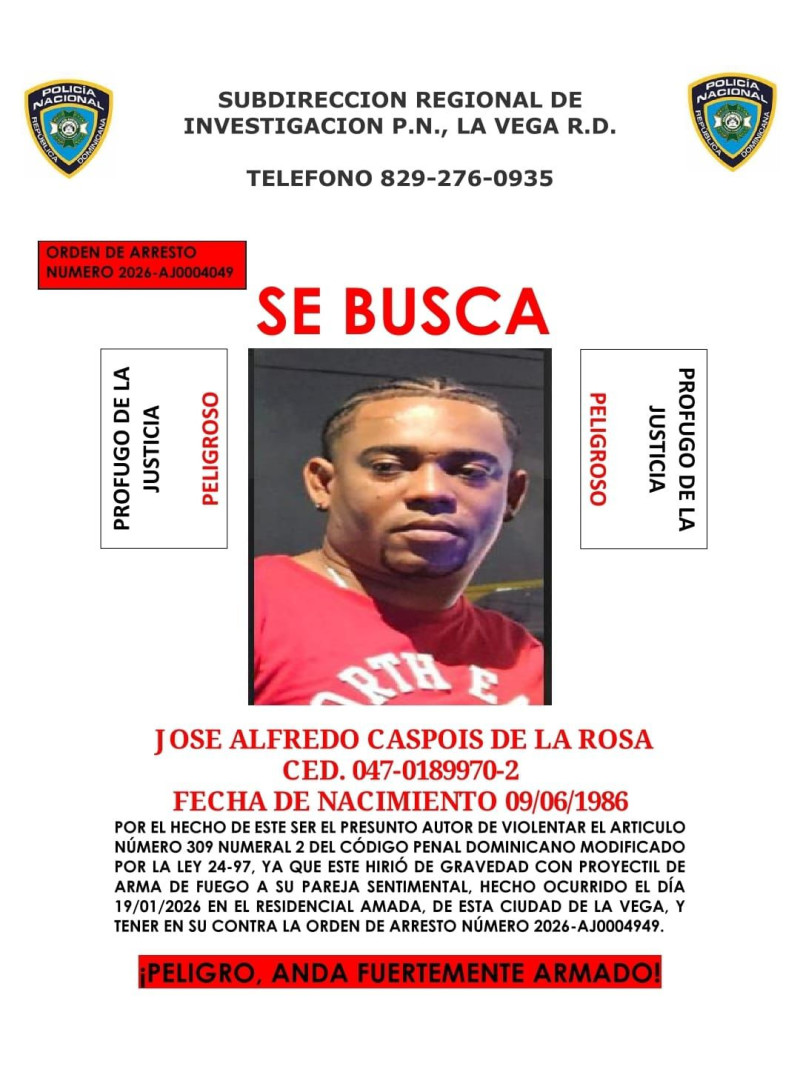 José Alfredo Caspois de la Rosa es buscado por herir a Arleni Morelia Jiménez Cayetano, de 28 años de edad.