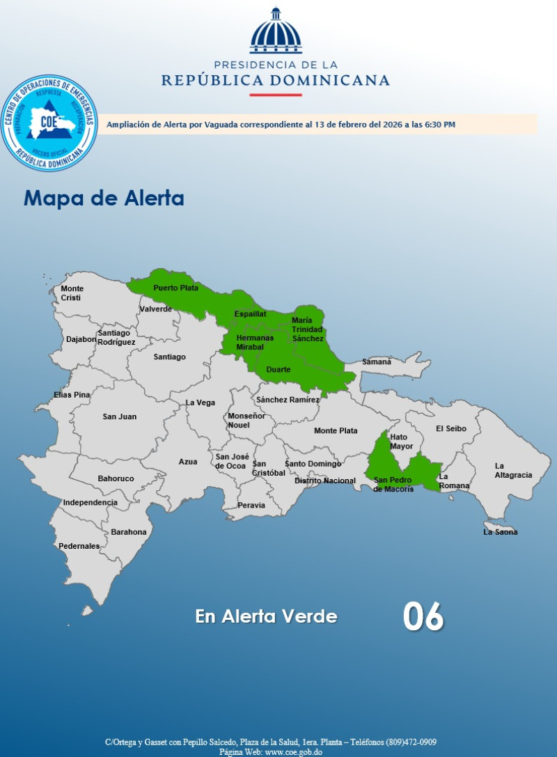 El Centro de Operaciones de Emergencias mantiene seis provincias en alerta verde.