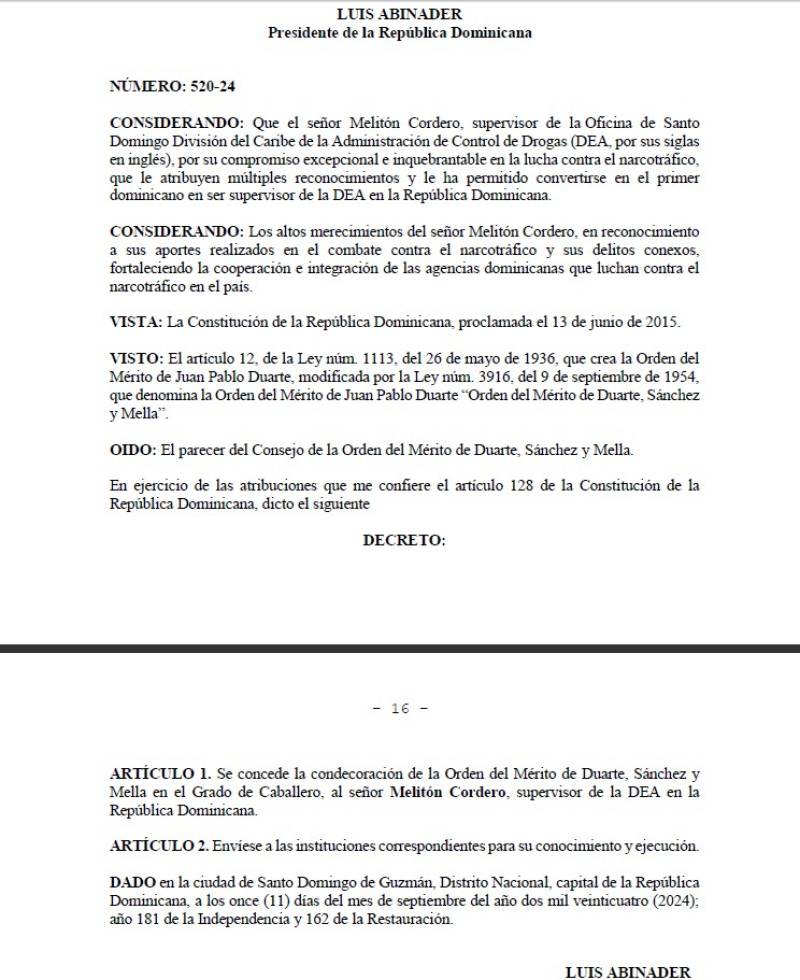 Decreto de condecoración a Meliton Cordero