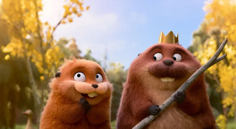 La imagen publicada por Disney muestra a Mabel Beaver, con la voz de Piper Curda a la izquierda, y al Rey Jorge, con la voz de Bobby Moynihan en una escena de la película animada “Hoppers”.