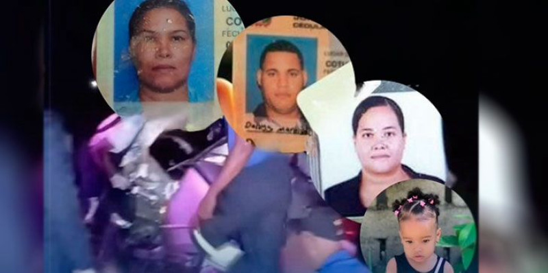 Los cuatro fallecidos en accidente de tránsito en Bonao identificados como Patria Mercedes Valdez,  conocida cono Bruna, de 55 años; Fanny Mercedes Diplan, de 33 años; Deivi Martínez, de 32 años, y la infante Ayla aurora Martínez de cinco años.