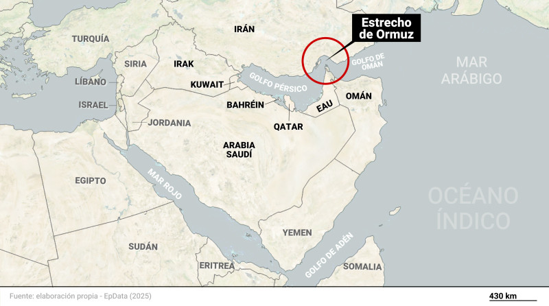 Mapa de localización del estrecho de Ormuz y los países que lo rodean en el golfo Pérsico.