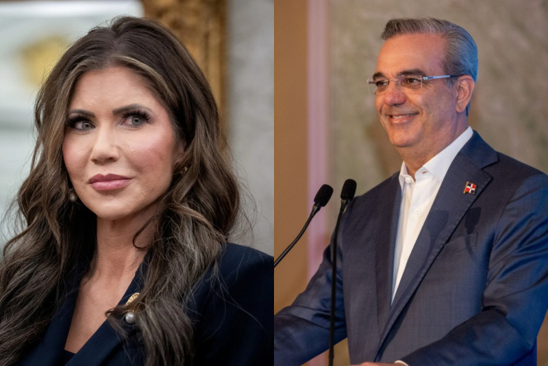 La enviada especial de Donald Trump, Kristi Noem, y el presidente Luis Abinader, en fotos de archivo.