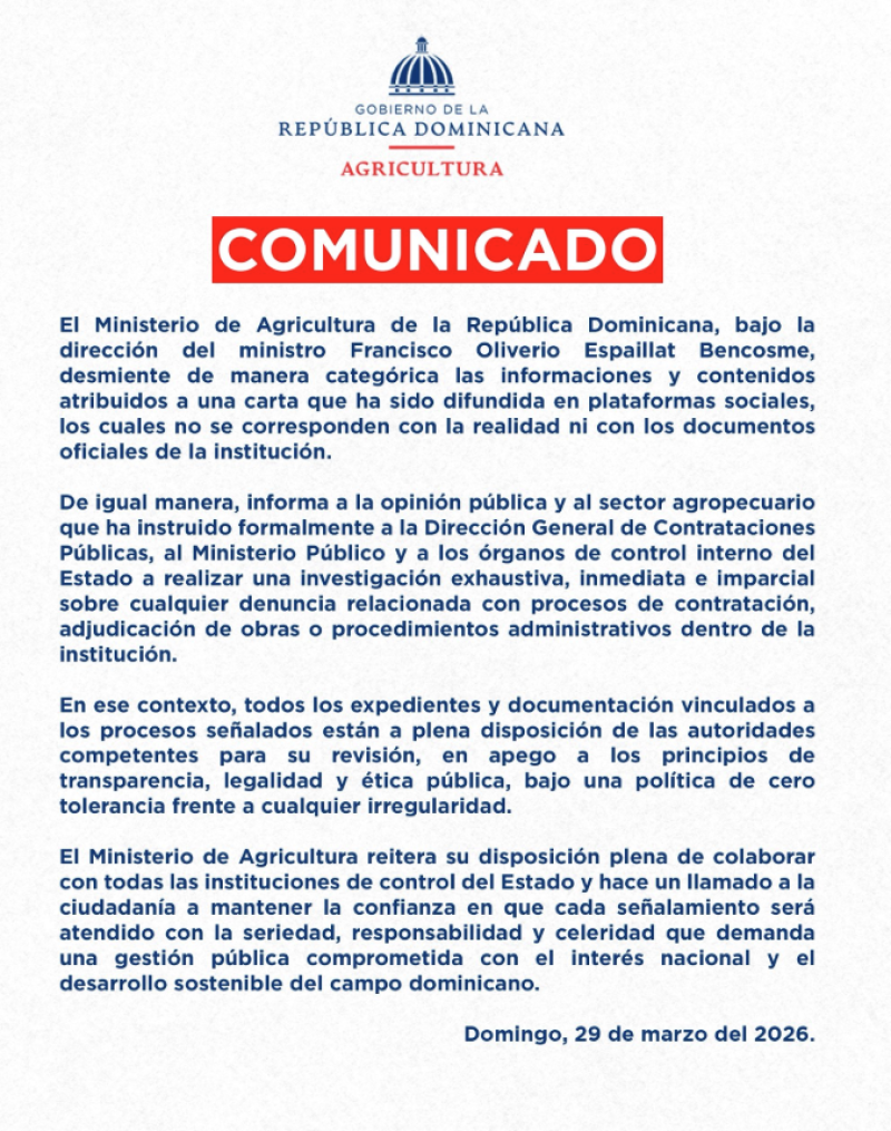 Comunicado del Ministerio de Agricultura.
