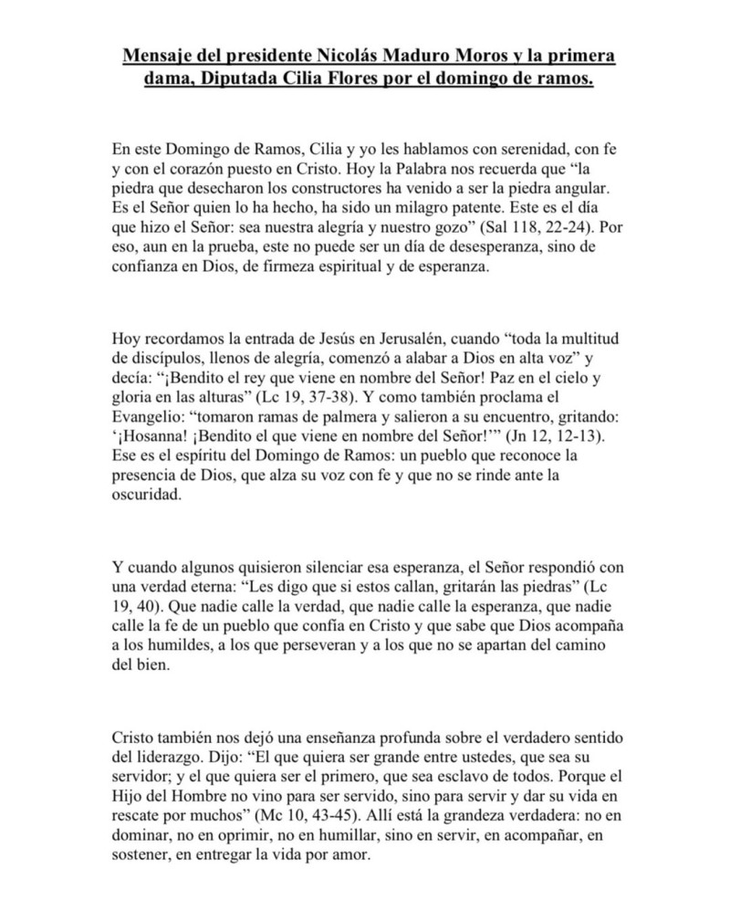 Primera página de la carta escrita por Nicolás Maduro y su esposa, Cilia Flores desde la cárcel, publicada en las redes sociales de su hijo Nicolás Maduro Guerra, el 29 de marzo de 2026.