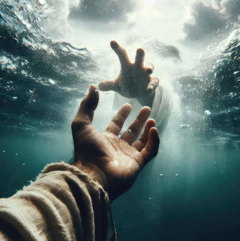 Imagen asociada con la figura de Jesucristo salvando a alguien de las aguas.