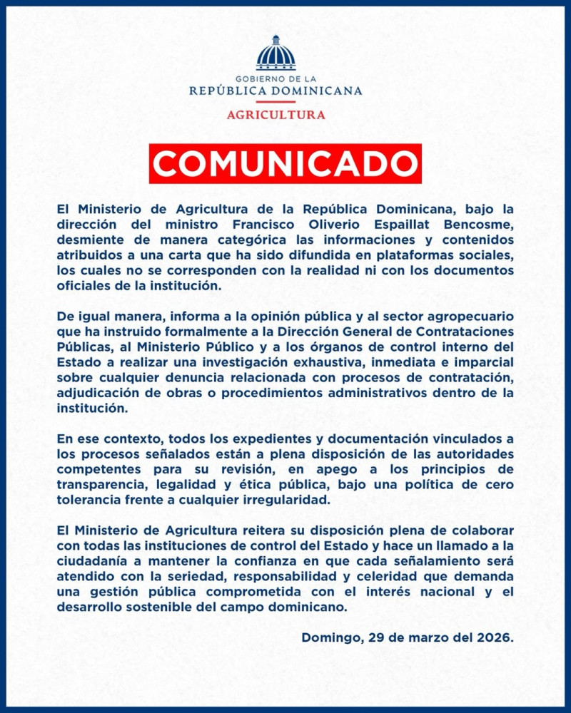 Comunicado emitido por el Ministerio de Agricultura desmitiendolcontenidos atribuidos a una carta que fue difundida en plataformas sociales