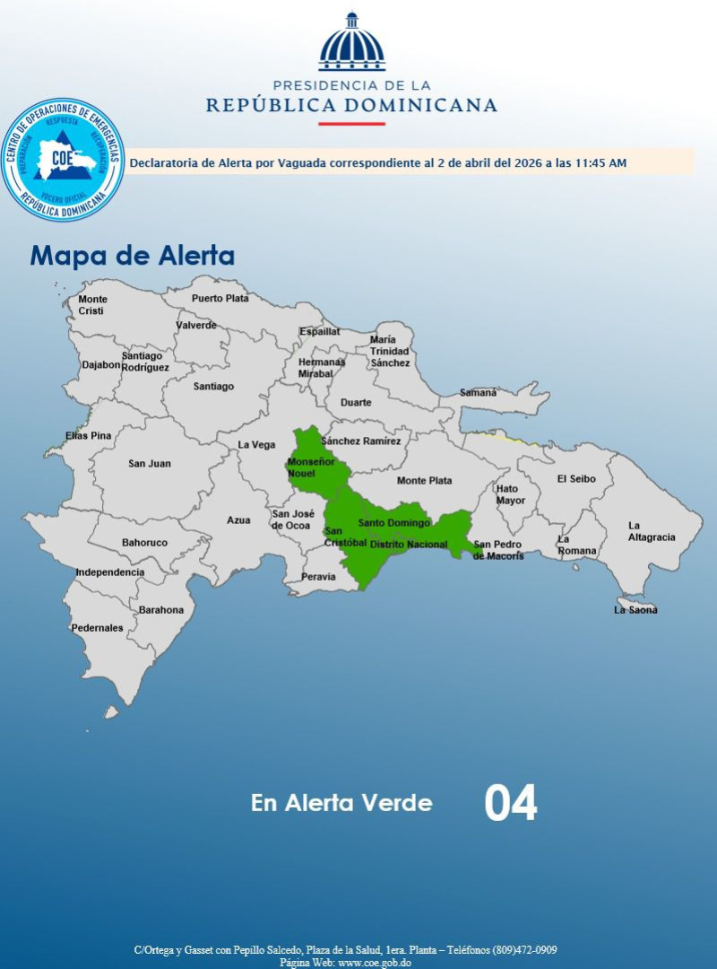 Las provincias en alerta verde son: San Cristobal, Santo Domingo, Monseñor Nouel y el Distrito Nacional.