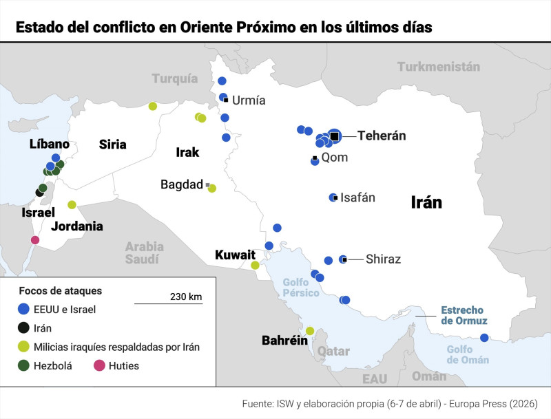Estado del conflicto en Oriente Próximo en los últimos días. El Ejército de Israel ha reivindicado este martes un nuevo bombardeo contra una instalación petroquímica de Irán en los alrededores de Shiraz, antes de asegurar que era "una de las pocas" que siguen operativas y que son supuestamente parte de los esfuerzos de Teherán para fabricar materiales para sus misiles balísticos.