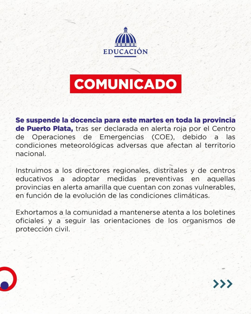 Minerd suspende clases en Puerto Plata por ser declarada en alerta roja por la incidencia de una vaguada sobre la República Dominicana, el 14 de abril de 2026.
