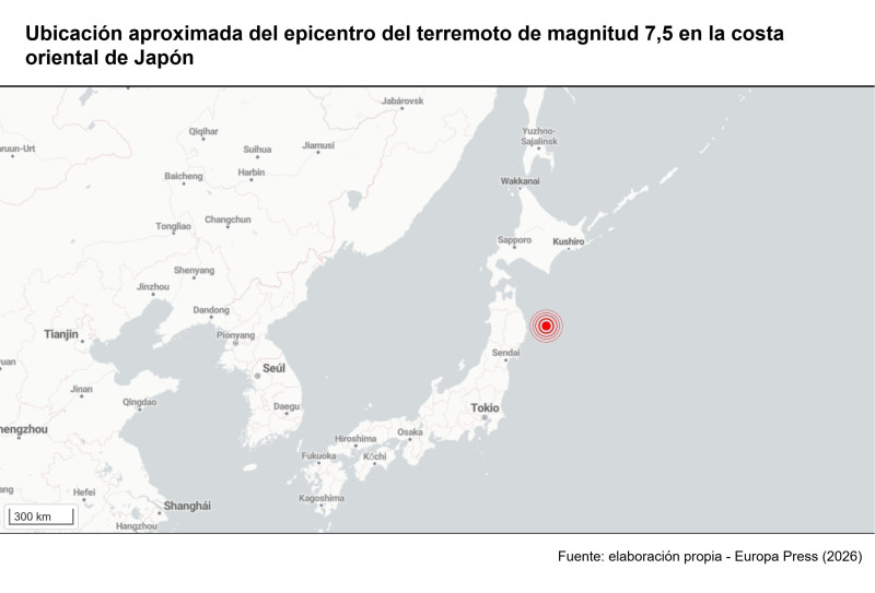 Ubicación aproximada del epicentro del terremoto de magnitud 7,5 en la costa oriental de Japón.