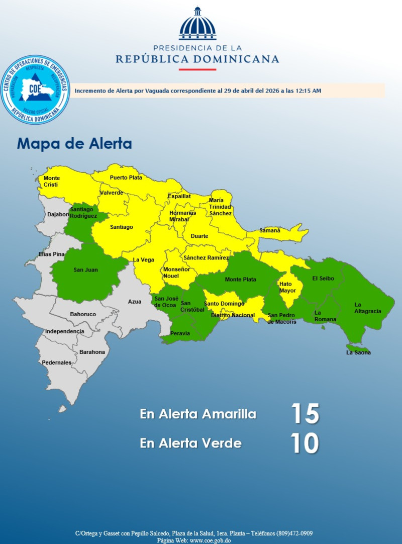 El Centro de Operaciones de Emergencias (COE) mantiene 25 provincias en alerta por incidencia de vaguada.