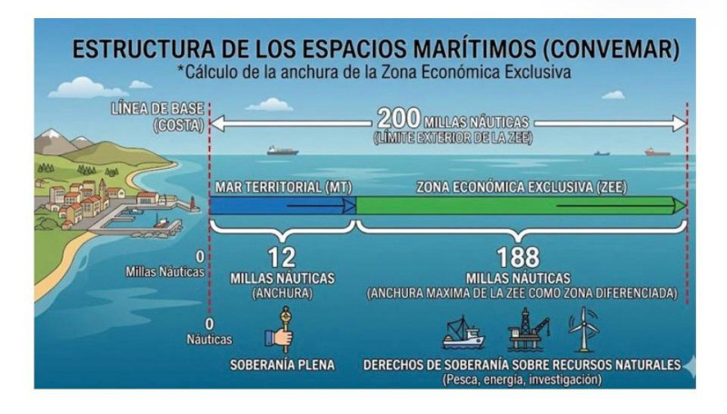 La ZEE comienza donde termina el mar territorial y se extiende hasta las 200 millas desde la línea de base, lo que implica una anchura máxima de 188 millas marinas.